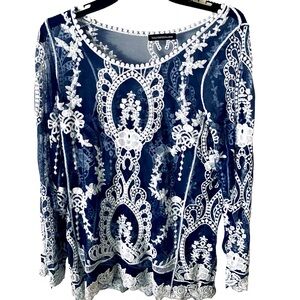 Vintage Large cotton Blue white lace  Round-neck Tunic casual long sleeve